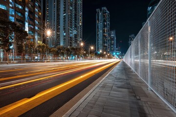 City night traffic light trails beside modern buildings and a fence.