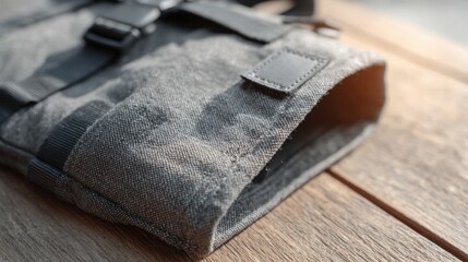 Close-up of a gray fabric pouch with a black strap. the pouch appears to be made of a soft, textured fabric and has a rectangular shape with a flap on the right side.