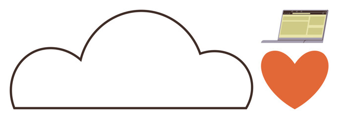 Cloud outline, laptop, and heart symbolize cloud computing, technology, storage, digital connectivity, user focus, and innovation. Ideal for digital transformation tech solutions data management