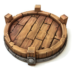 Wooden platform with a circular design, featuring planks and metal accents, perfect for a game.