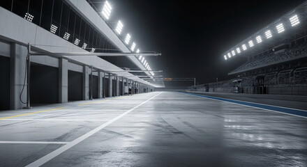 Race Track Pit Stop Lane At Night Under Bright Lights Empty Garage View