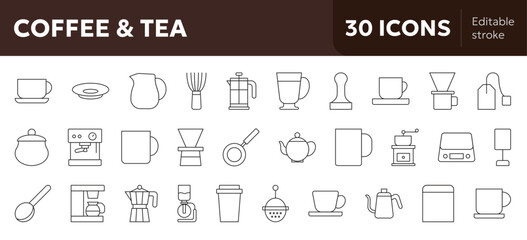 Coffee and tea equipment line icons set for cafe, barista, beverage, and brewing concepts