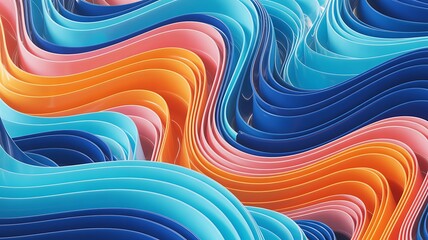 Abstract flowing waves of vibrant turquoise pink and orange colors with textured surface and subtle stitching detail