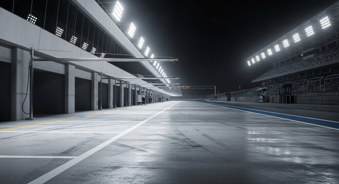 Race Track Pit Stop Lane At Night Under Bright Lights Empty Garage View