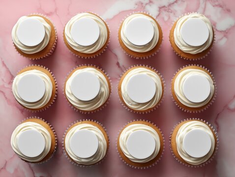 Row of cupcakes with blank white circles on pink marble