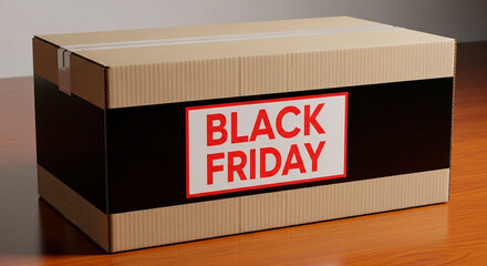 Close-up of a Delivery Box with a Black Stripe and "Black Friday" in Red Against a White Background