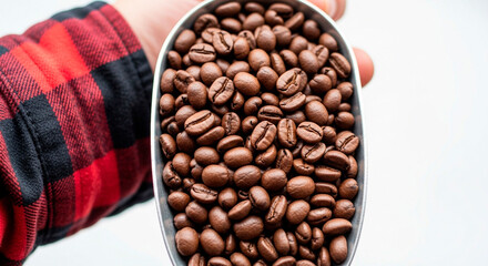 Close-up of Roasted Coffee Beans in a Scoop Held by a Hand with a Plaid Shirt Sleeve Against a White Background
