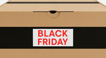 Close-up of a Delivery Box with a Black Stripe and "Black Friday" in Red Against a White Background