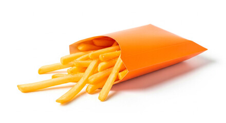 Fallen Paper Pack of French Fries in Vibrant, Warm Colors Against a White Background 