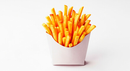 Vibrant, Warm-Toned French Fries in a Paper Pack Against a White Background