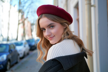 Young woman wearing a red beret and stylish coat poses confidently on a vibrant city street, looking over her shoulder with a cheerful smile. Generative AI.