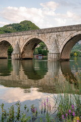 Fototapeta premium An ancient stone bridge with arches spanning the tranquil Drina River with wild flowers in the foreground