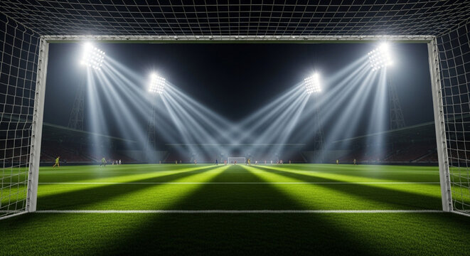 Football Goalpost Stadium Night Field Lights Soccer Sport Match View Arena