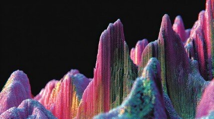 A vibrant, abstract landscape composed of textured, multicolored peaks and valleys.