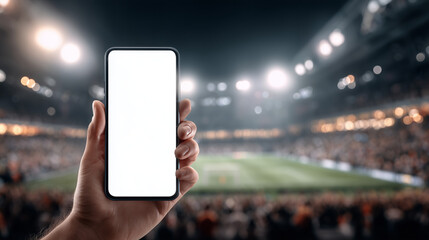 Hand holding a smartphone with a blank white screen on a soccer field, showcasing a clean mockup concept for sports apps, mobile UI, advertising, and digital presentations.