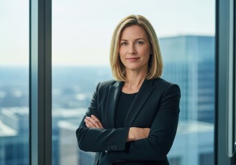 Fototapeta na wymiar Confident businesswoman standing arms crossed in office with city view