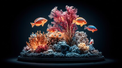A vibrant coral reef scene, featuring colorful fish, coral, and seaweed, illuminated by a dramatic lighting effect.