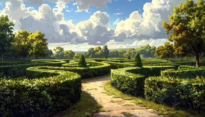 A sunny day overlooking a hedge maze with tall trees, lush greenery, and puffy clouds