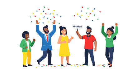 Fototapeta premium Team Celebrating Success with Growth Sign and Festive Confetti on a Black Background