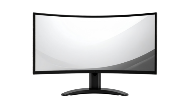 A modern black curved gaming computer monitor with a blank white screen Isolated on transparent background. A curved computer monitor with a white screen and a black frame. PNG.