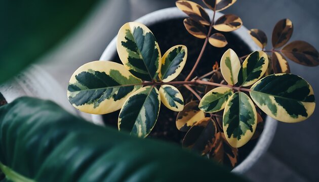 Top-down view of a variegated Ficus Audrey plant in a white pot