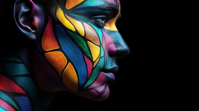 colorful facial body art showcasing vibrant abstract makeup design focused on eye and cheek area