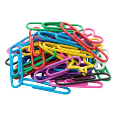 Pile of colorful plastic paperclips on transparent background