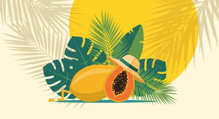 Summer Papaya Delight With Hat And Tropical Leaves On A Yellow Sunny Background