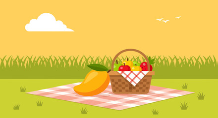 Summer Picnic Scene Depicts Relaxation, Nature, Fresh Mango, And Basket Of Fruits