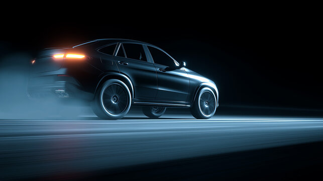 Black car in motion on a dark background with smoke and copy space. Elegance, power and style. Automotive industry banner.