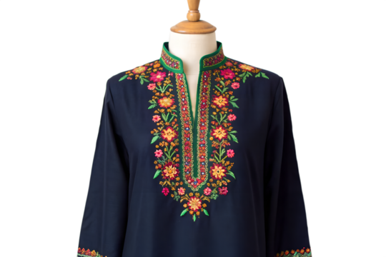 Intricately embroidered navy blue kurti with a vibrant floral pattern on the neckline, showcasing traditional ethnic wear craftsmanship and artisanal details