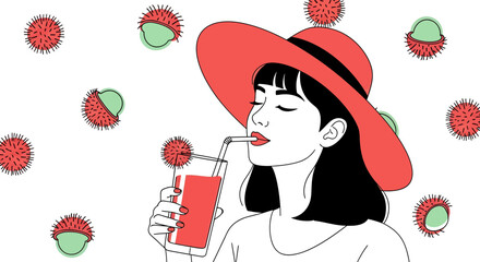 Summer Refreshment: Woman with Hat Enjoying Exotic Drink and Rambutans
