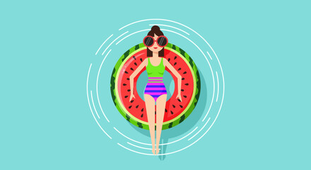 Summer Relaxation: A Woman Floats on Watermelon Ring in Artistic Illustration