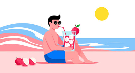 Summer Relaxation: Man Enjoying Refreshing Drink On A Tropical Sunny Beach