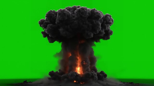 Nuclear VFX Assets with the explosion of a bomb realistic 3d animation atomic fire smoke and mushroom cloud in front green screen distortion, overlay, glitch, static noise, scan lines on black