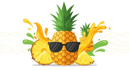 Summer Vibe: Refreshing Pineapple Illustration with Sunglasses and Juice Splash