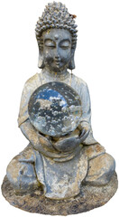 A Buddha figurine covered in spiderwebs with a glass ball. Isolated PNG. Siddhartha Gautama,...