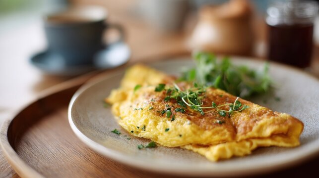 Plate of food on a wooden table. the plate is round and has a light brown color. on the plate, there is an omelette that is golden brown and appears to be freshly cooked.