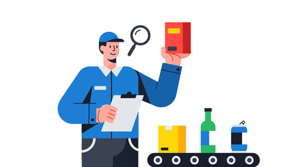 Supply Chain Worker Inspecting Package Production Process with Various Beverage Products