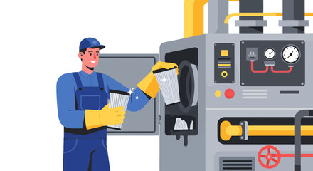 Technician Changing Air Filters in Industrial Equipment, Maintaining Machinery for Peak Performance