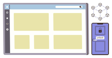 Web browser window next to a blockchain icon network and a locked door marked unlock. Ideal for cybersecurity, blockchain, data access, encryption, privacy, networking, simple flat metaphor