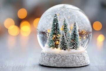 Snow globe with snowy trees and warm lights inside a cozy holiday scene