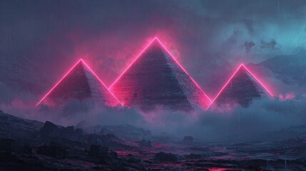 Ancient pyramids stand illuminated by vibrant pink neon light in a dramatic, misty landscape under a stormy sky.