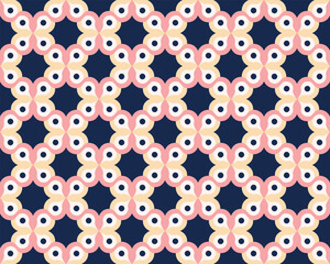 Retro Geometric Seamless Pattern Background
Pink and Navy Abstract Circle Tile Design
Pink and peach loop lattice pattern on navy
Seamless geometric scallop circles background