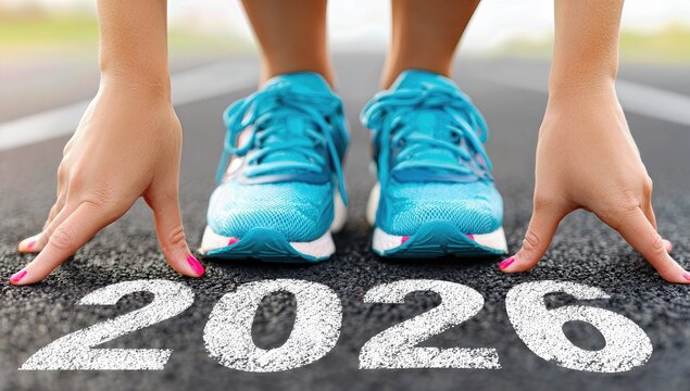 Starting position for a race in 2026 with blue running shoes and hands on track