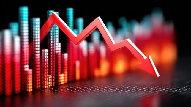 Red arrow pointing down, stock market crash, financial crisis, economic recession, business failure, isolated on black background, concept of investment risk and loss, product photo