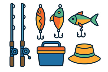 Fishing equipment set featuring rods, artificial lures, tackle box, and sun hat