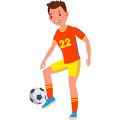 Young Soccer Player In Red And Yellow Uniform Number 22 Dribbling A Soccer Ball With A Smile On His Face