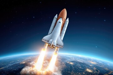 Naklejka premium Futuristic space shuttle launch over Earth with fiery boosters igniting into the night sky