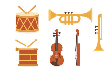 Classic musical instruments collection featuring drum, trumpet, and violin on white background © Alan